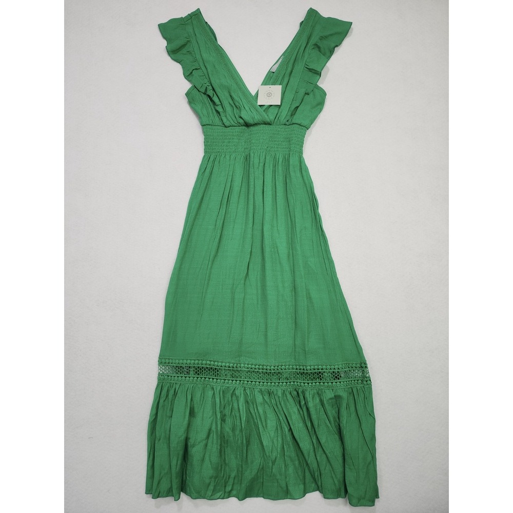 NWT J Gee Maxi Dress Women M Bright Green Lace Trim Surplice Neck Smocked Ruffle